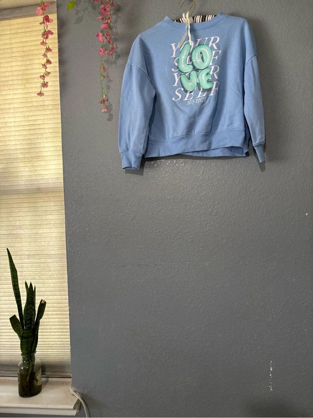 Justice Light Blue Sweatshirt with Mint Green Puffy 'Love Yourself' Graphic